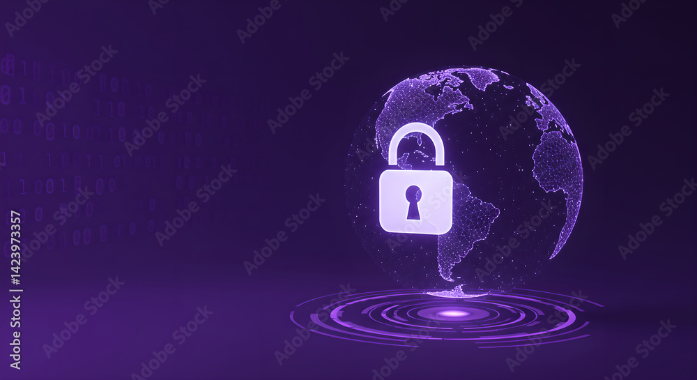 Poster digital lock symbol protecting a glowing network globe. cybersecurity concept with data flow visuali