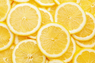 Slices of fresh lemons as background, top view