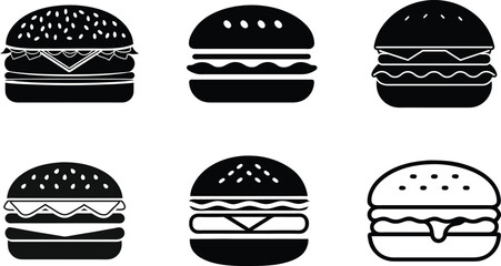 Cheese burger Icons Set – Black Fast Food Silhouette Glyph Vector Illustration