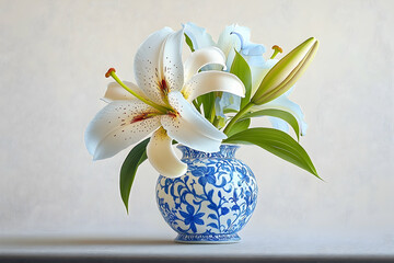 Delicate white lilies in a blue and white vase. © Muhammad