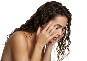 Young Person With Wet Hair Touching Face Under Water Drops