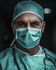Focused surgeon in teal scrubs, surgical mask and cap