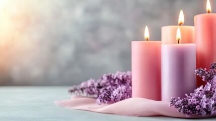 A beautifully composed image depicting three pink candles nestled among lilacs, creating a serene atmosphere that invites relaxation and tranquility into any space.