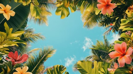 Tropical flowers frame blue sky; summer vacation background
