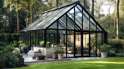 Obraz premium Modern Greenhouse in a Lush Forest Setting