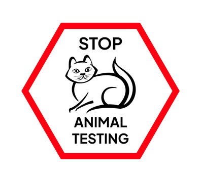 Stop animal testing sign with cat illustration promoting ethical treatment