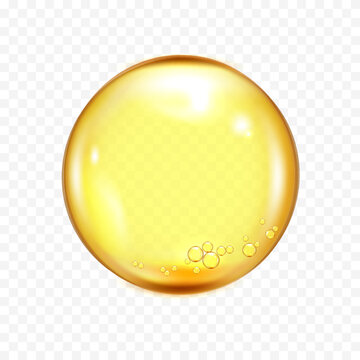 Yellow oil drops, vitamin C , E bubbles, gold collagen, serum bubbles, squalane cream drops vector illustration on transparent background