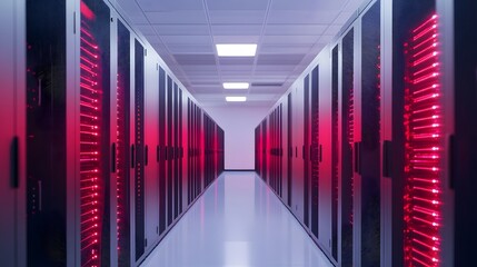 High-Tech Server Room with Flashing Fiber Optic Connections Depicting Cloud-Based Data Transmission