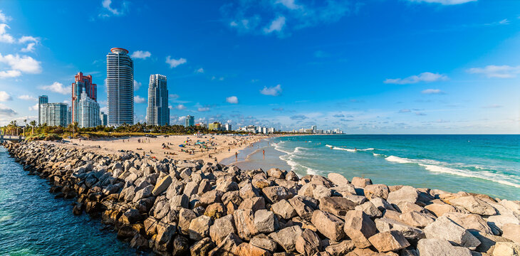 A panorama view from South Pointe Park Pier inland across the lower South Beach in Miami in springtime