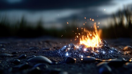 Fiery embers glowing on dark ground