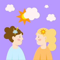 Vector illustration about girls with different worldview. Psychotherapy & Communication.