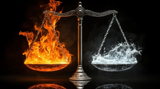 A balance scale displays fire on one side and water on the other, symbolizing the contrast between opposing elements.