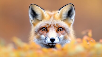 Close-up of a red fox peeking through autumn leaves