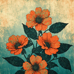 Vintage Abstract Floral Art - Orange & Red Patterned Flowers with Dark Green Leaves on Teal Background