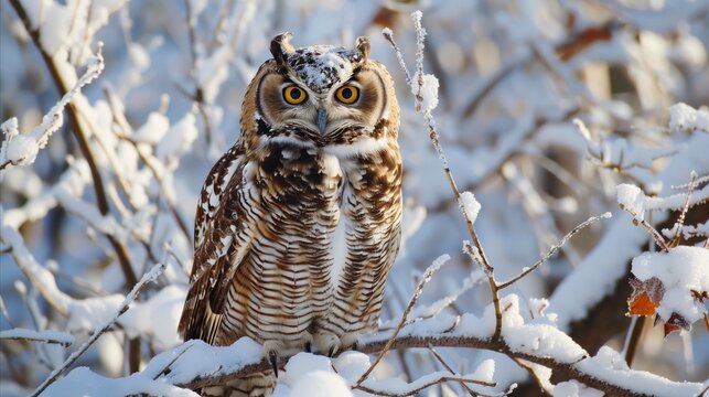 Great horned owl sits on a snowy tree branch in winter forest. Majestic bird of prey looking into the camera. Wildlife animal in cold weather.