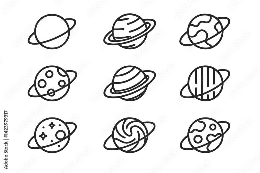 Poster collection of vector line icons depicting various planets in outer space with unique designs and fea