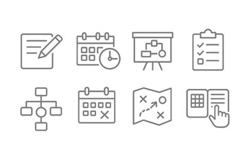 Vector line icons depicting planning and organization tools for project management, time management, and tracking tasks