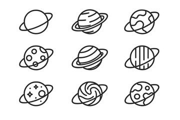 Collection of vector line icons depicting various planets in outer space with unique designs and features