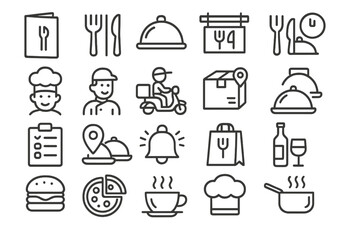 Vector line set icon collection featuring food delivery, dining essentials, and culinary activities for restaurant visuals