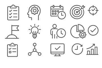 Vector line set icons representing productivity, planning, and effective time management in various business activities