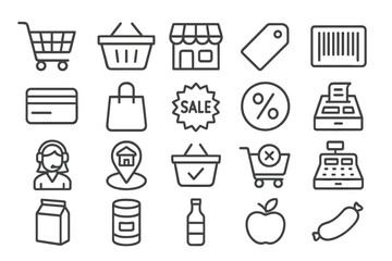 Vector line icons representing shopping themes, including carts, baskets, tags, and payment options for various retail settings
