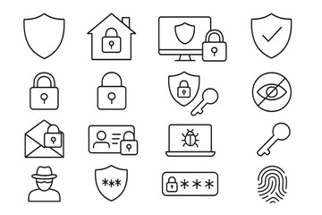 Vector line set icons depicting security, privacy, and protection symbols relevant for digital and physical safety