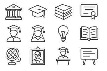 Educational icons representing learning, achievement, and knowledge across various academic subjects and activities