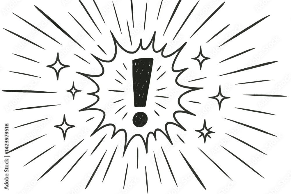 Poster vector line icon showcasing an exclamation mark with dynamic rays and stars emphasizing importance a