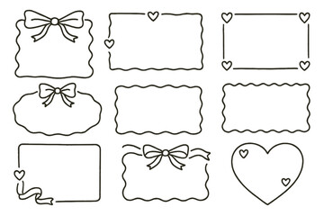 Decorative vector line icons featuring assorted frames and bows for invitations and labels in simple design