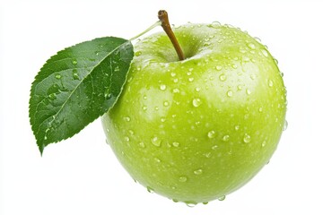 Fresh green apple with water droplets and leaf