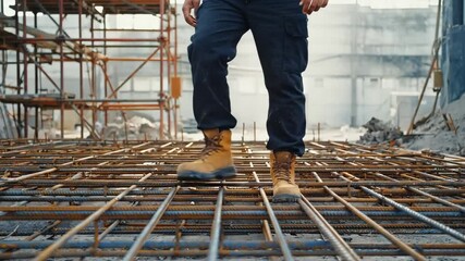 construction worker wearing safety boots standing on reinforced steel rebar grid at building site, symbolizing strength, engineering, structure, and industrial safety