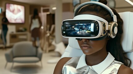 Woman using virtual reality headset immersive technology experience
