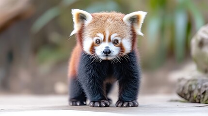 Fototapeta premium A red panda cub stands alert, looking directly at the viewer with a curious expression, surrounded by foliage.