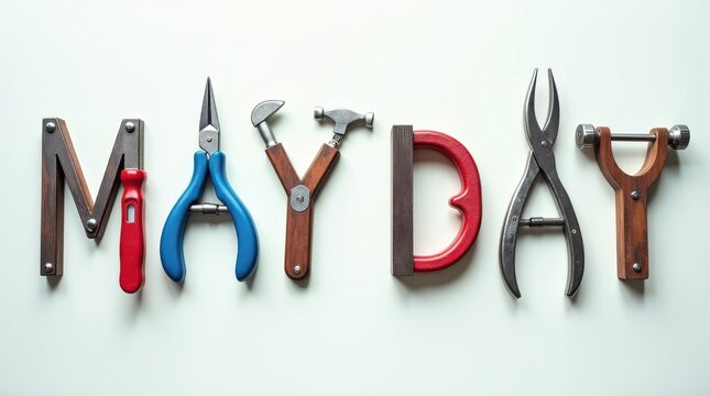 May day tools display creative workspace typography art minimalist setting close-up view crafting inspiration