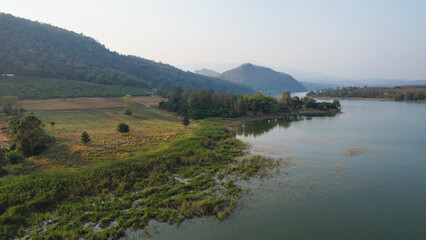Aerial view of a beautiful river and mountain in northern Thailand