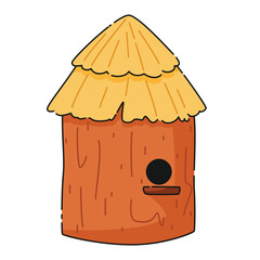 Round wooden house made of stump and straw. Cartoon cute beehive for a swarm of honey bees
