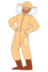 Man beekeeper in protective gear standing proudly, cartoon flat vector illustration on white background