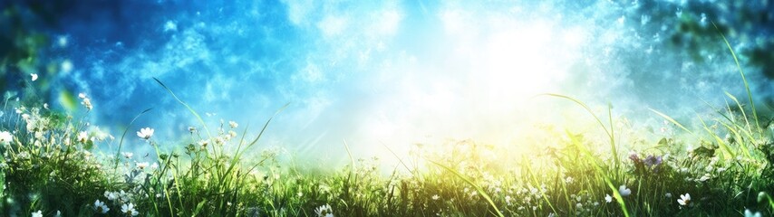 Obraz premium Spring Meadow Banner with Green Grass, Blue Sky, Sun Rays, and Flowers