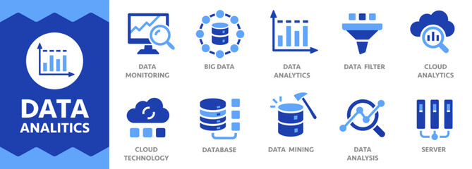Data analytics icons set. Data analysis symbols. Flat icon. Vector illustration