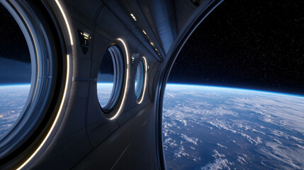 View of Earth from Space Window with Stars and Clouds Visible in the Vast Universe