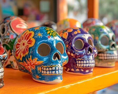 Colorful decorative skulls on display, showcasing vibrant patterns and designs