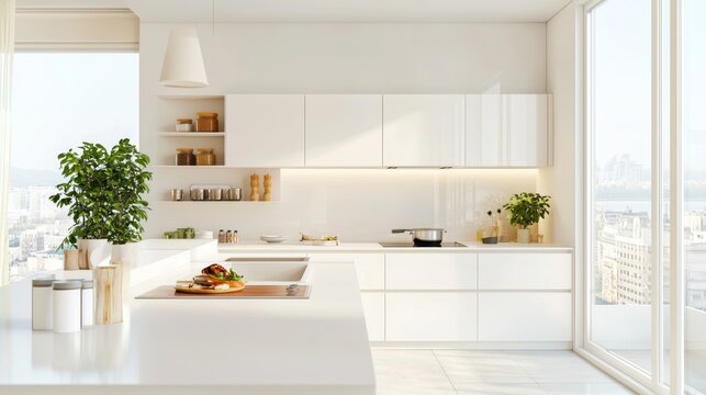 modern kitchen environment, photographed in high-quality with a clean aesthetic and wide-angle view, highlighting the art of cooking