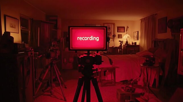 Retro recording session in a dimly lit bedroom.