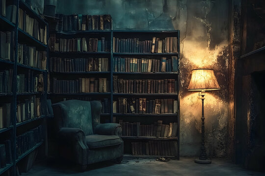 Dusty, dimly lit library nook filled with aged books.