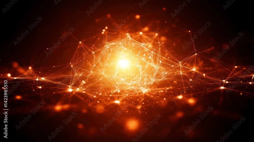 Wall mural abstract glowing orange sphere with connecting lines and particles on dark background.