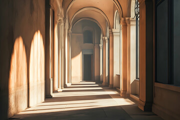 Obraz premium Sunlight streams through an ancient colonnaded hallway.