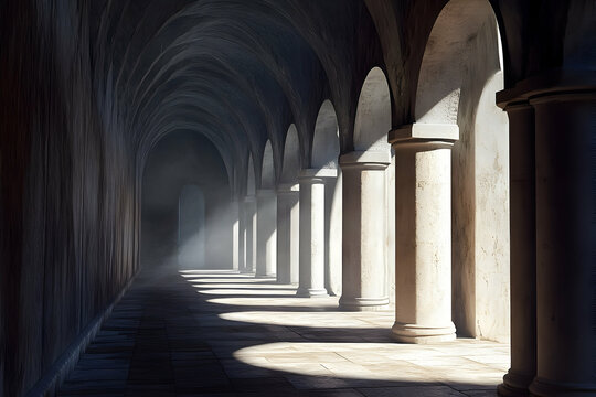 Ancient colonnaded hallway bathed in sunbeams.