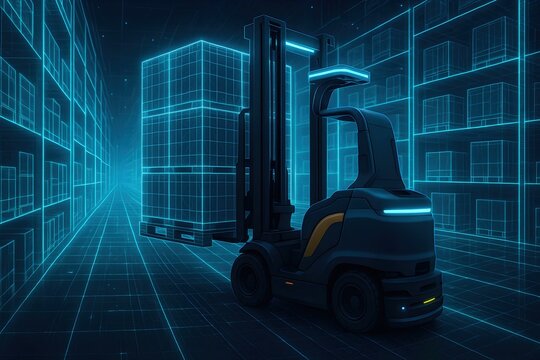 A futuristic forklift in a digital warehouse environment, showcasing advanced technology for efficient material handling and logistics in modern industries.