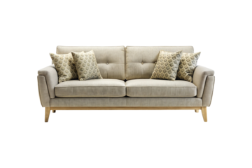 Beige Two Seater Sofa with Patterned Pillows on a White Background