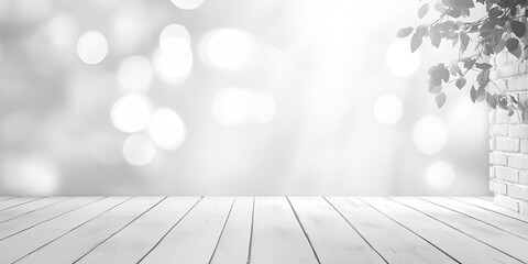 White Wooden Floor with Soft Light and Brick Wall


